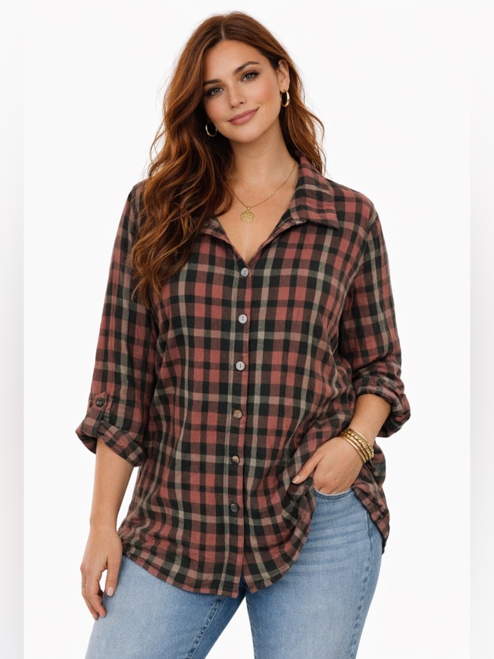 Simply Noelle Plaid Zip Back Button Front Tunic Top XXL Cotton Roll Tab Sleeve